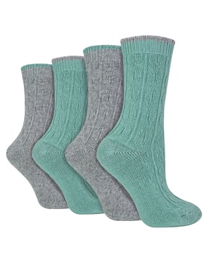 4 Pack Ladies Cable Knit Socks | Wildfeet | Lurex Glitter Socks for Women - Grey/Green