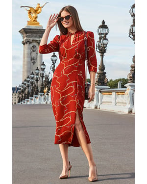 Red Chain Print Keyhole Detail Midi Dress