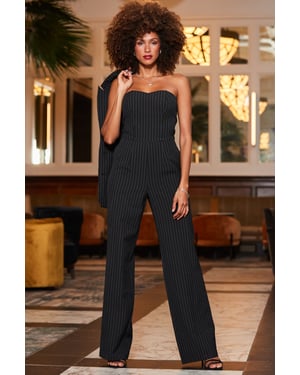 Black & White Pinstripe Wide Leg Bandeau Jumpsuit