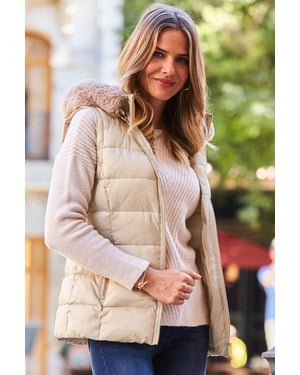 Stone Faux Fur Trim Padded Gilet With Zip Pockets