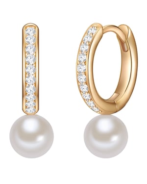 Hoop earring sterling silver yellow gold freshwater cultured pearl white zirconia white Valero Pearls