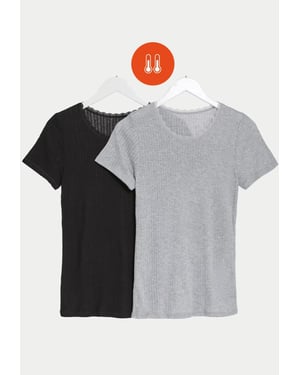 Womens 2 Pack Thermal Pointelle Short Sleeve Tops in Grey/Black