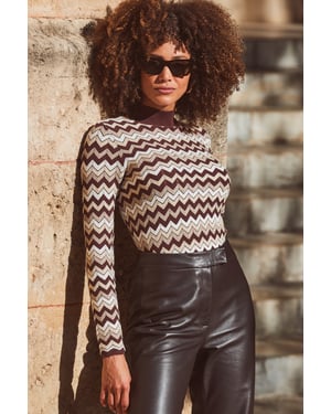 Chocolate Brown Metallic Chevron High Neck Jumper
