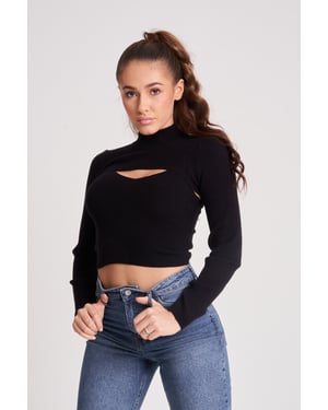 Black 2in1 Long Sleeve Crop Jumper & Vest Set
