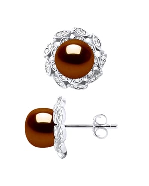 Stiftörhängen FLOWER Pärlor Sötvatten 8-9mm Chokladknappar Smycken 925