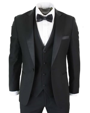 Mens 3 Piece Black Tuxedo Suit Classic Satin Dinner Tailored Fit Wedding Prom