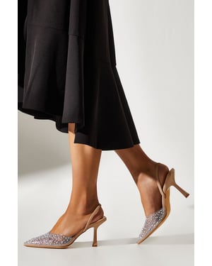 Wide Fit Tilly Diamante And Pearl Sling Back Pointed Court Shoes