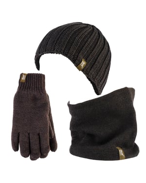 Heat Holders - Thermal Winter Fleece Cable Knit Hat, Neck Warmer and Gloves set for Men - Khaki Green