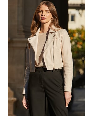 Ecru Cropped Leather Biker Jacket