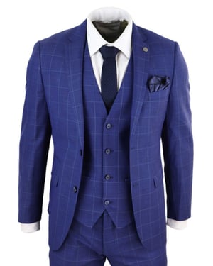 Mens 3 Piece Royal Blue Check Vintage Retro Suit
