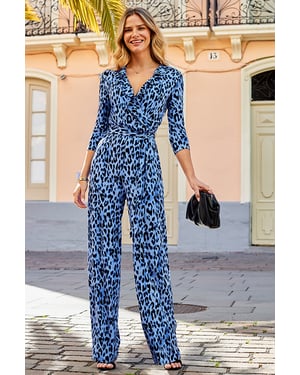 Blue Animal Print Ruffle Detail Wrap Jumpsuit