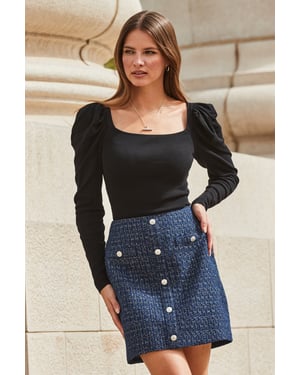 Navy Blue Metallic Boucle Button Front A-Line Skirt