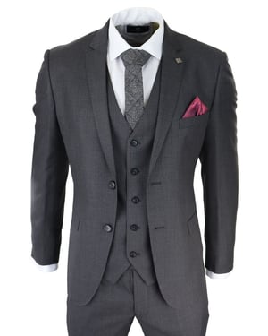Mens 3 Piece Charcoal Grey Classic Stitch Retro Suit