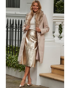 Fawn Faux Fur Shawl Collar Longline Coat