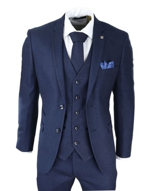 Mens 3 Piece Navy Blue Birdseye Tweed Classic Suit
