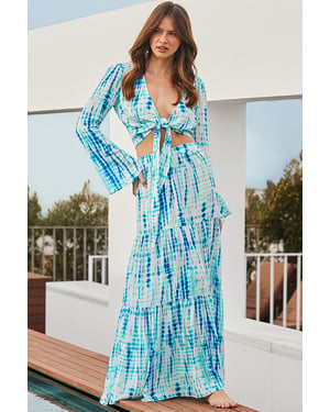Blue & White Tie Dye Print Maxi Ruffle Hem Skirt