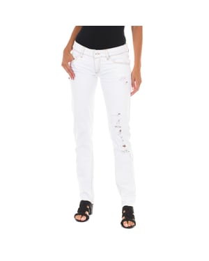 Long denim pants with ripped effect and narrow hems E014152 woman