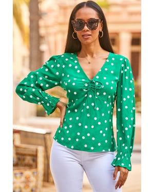 Green & White Spot Print Tie Detail Blouse