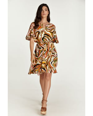Jurk met baksteenkleurige print en mouwen met ruches