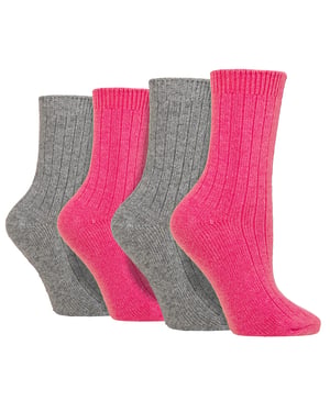 4 Pack Ladies Cashmere Boot Socks | Wildfeet | Ribbed Crew Wool Bed Socks - Pink/Grey