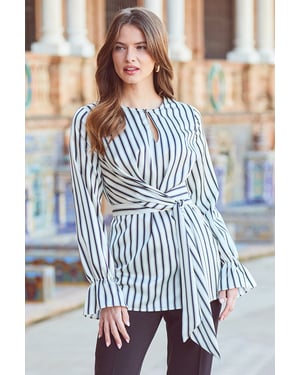 Ivory & Black Satin Stripe Keyhole Detail Tie Side Top