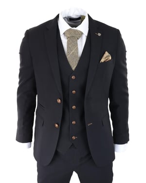 Mens Black 3 piece Suit Brown Trim Classic Birdseye Vintage Wedding Grooms