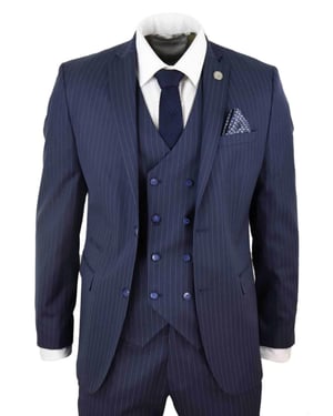 Heren 3-delige marineblauwe streepjasje retro kostuum