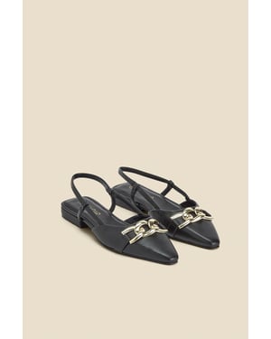 Black Leather Pointed Toe Flat Slingback Shoe With Gold Trim