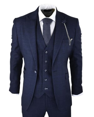 Heren 3-delig marineblauw geruit tweed retro klassiek pak