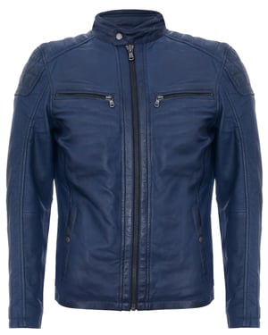 Navy Leather Vintage Quilted Racing Zipped Biker Jacket
