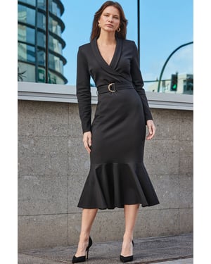 Black Tailored Fishtail Hem Wrap Dress