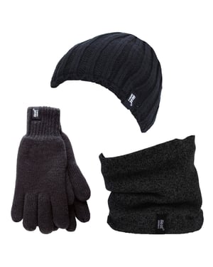 Heat Holders - Thermal Winter Fleece Cable Knit Hat, Neck Warmer and Gloves set for Men - Black