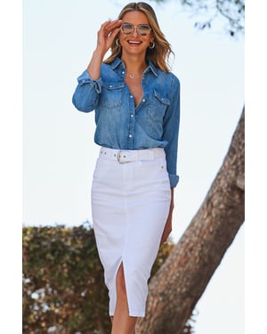 White Denim Buckle Detail Midi Skirt