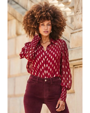 Red & Gold Metallic Spot Print Blouson Sleeve Shirt