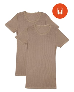 Womens 2 Pack Thermal Pointelle Short Sleeve Tops in Beige