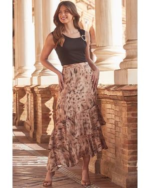 Natural Animal Print Ruffle Hem Midi Skirt