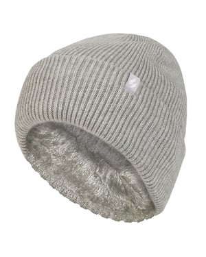 Ladies Fleece Lined Ribbed Turnover Hat | Heat Holders | Thermal Hat for Winter - Light Grey