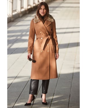 Camel Longline Faux Wool Trench Coat with Faux Fur Collar