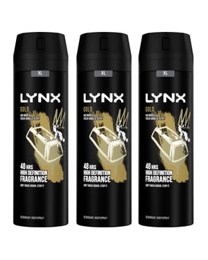 Lynx XL 48-H High Definition Fragrance Gold Body Spray Deodorant 3 Pack, 200ml