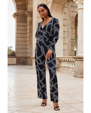 Black Geometric Print Faux Wrap Front Jumpsuit