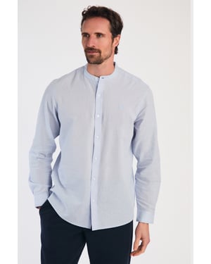 Blue Linen Blend Long Sleeve Button-Up Shirt With Grandad Collar