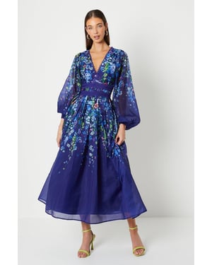 Organza Floral Placement Lace Trim Midaxi Dress