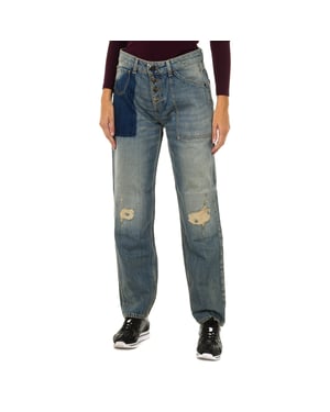 Damesbroek met lang versleten en gescheurd denimeffect 6Y5J13-5D2YZ
