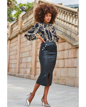 Black Coated Pencil Skirt With Button Detail