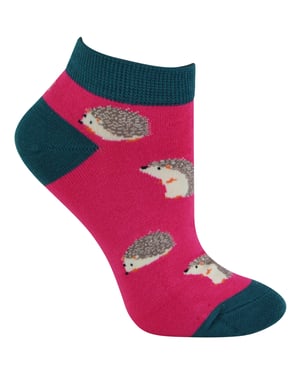 Ladies Bamboo Trainer Socks | Miss Sparrow | Breathable Low Cut Socks for Women - Hedgehogs (Hot Pink)
