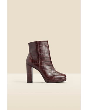 Chocolate Croc Leather Block Heel Platform Ankle Boot