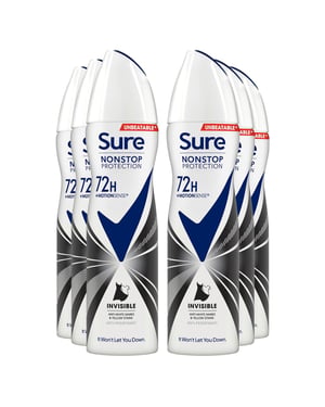 Sure Women Anti-Perspirant 72H Protection Deo Invisible Black & White 150ml, 6pk