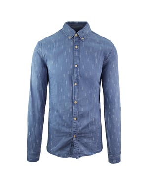 Scotch & Soda Regular Fit Printed Denim Long Sleeve Blue Mens Shirt