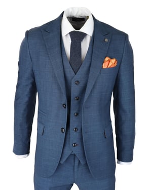 Mens 3 Piece Blue Suit Prince Of Wales Check Classic Light Tailored Fit Modern