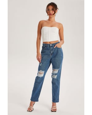 Mid Blue Ripped Mom Jeans